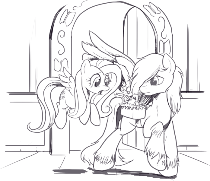 Size: 1440x1241 | Tagged: safe, artist:nauyaco, artist:rated-r-ponystar, derpibooru import, fluttershy, oc, unnamed oc, bird, pony, broken wing, distress, door, doorway, flying, image, injured, male, monochrome, png, stallion, unshorn fetlocks, wings