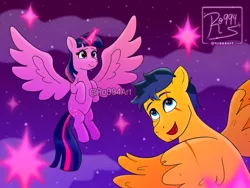 Size: 1920x1440 | Tagged: safe, artist:ro994, derpibooru import, flash sentry, twilight sparkle, twilight sparkle (alicorn), alicorn, pegasus, pony, female, flashlight, flying, image, jpeg, male, mare, night, scar, shipping, sparkles, spread wings, stallion, straight, watermark, wings