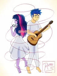 Size: 1920x2560 | Tagged: safe, artist:ro994, derpibooru import, flash sentry, sci-twi, twilight sparkle, equestria girls, clothes, dress, eyes closed, female, flashlight, glasses off, guitar, image, jpeg, loose hair, male, musical instrument, sciflash, shipping, simple background, straight, watermark, white background