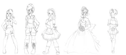 Size: 5000x2200 | Tagged: safe, artist:wildnature03, derpibooru import, applejack, fluttershy, pinkie pie, rainbow dash, rarity, human, boots, bouquet, choker, clothes, dress, female, flower, grayscale, humanized, image, jpeg, monochrome, peace sign, shoes, simple background, sketch, skirt, straw in mouth, wedding dress, white background