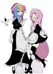 Size: 1468x2048 | Tagged: safe, artist:dengdengbobo, derpibooru import, fluttershy, rainbow dash, bird, equestria girls, broom, clothes, cute, dashabetes, fluttermaid, high heels, image, jpeg, maid, rainbow maid, shoes, shyabetes