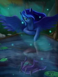 Size: 2658x3492 | Tagged: safe, artist:tenebrisnoctus, derpibooru import, nightmare moon, princess luna, alicorn, pony, bat wings, blue mane, doodle, ethereal mane, female, flowing mane, forest, glowing eyes, grass, green eyes, horn, image, png, reflection, signature, solo, spread wings, starry mane, tree, water, wings