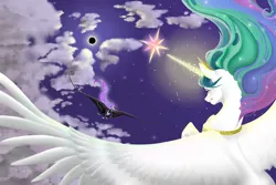 Size: 1280x854 | Tagged: safe, artist:arickoworkshop, derpibooru import, nightmare moon, princess celestia, alicorn, pony, beautiful, blue mane, cloud, crown, crying, eclipse, element of magic, ethereal mane, evil grin, feather, female, flowing mane, flying, glowing horn, grin, horn, image, jewelry, jpeg, looking at each other, multicolored hair, necklace, purple mane, regalia, sad, sky, smiling, spread wings, starry mane, stars, wings
