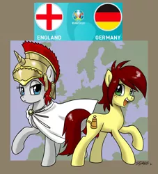 Size: 1032x1136 | Tagged: safe, artist:johnjoseco, derpibooru import, edit, oc, oc:britannia, oc:canni soda, ponified, unofficial characters only, earth pony, pony, unicorn, b.u.c.k., england, euro 2020, female, galacon, germany, image, mare, nation ponies, png