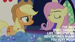 Size: 1280x720 | Tagged: safe, derpibooru import, edit, edited screencap, editor:quoterific, screencap, applejack, fluttershy, earth pony, pegasus, pony, school daze, season 8, spoiler:s08, applejack's hat, cowboy hat, cutie map, eyes closed, female, hat, image, jpeg, mare, smiling, twilight's castle