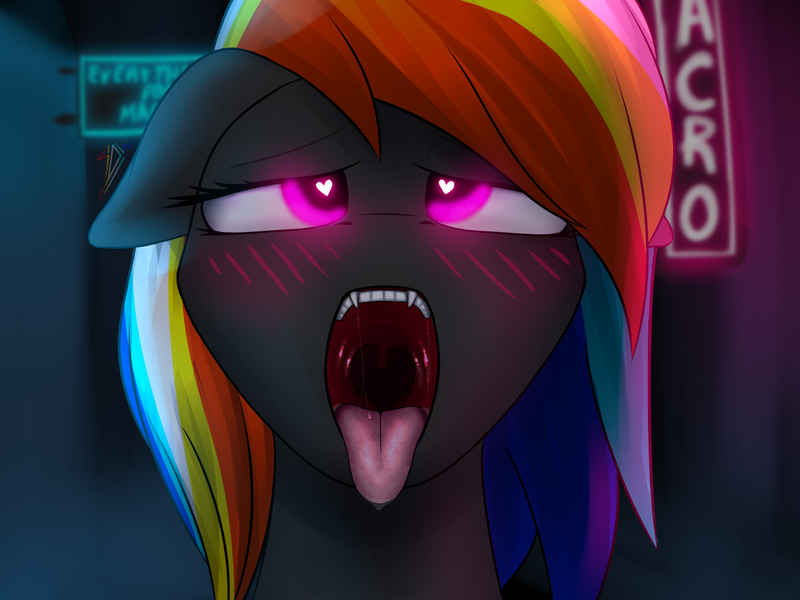 Size: 2000x1500 | Tagged: safe, artist:skanim-sdw, derpibooru import, oc, oc:darky wings, unofficial characters only, pony, ahegao, blushing, eyes closed, fangs, female, floppy ears, glowing eyes, heart eyes, image, looking up, maw, mawshot, neon, neon sign, open mouth, png, teeth, tongue out, wingding eyes