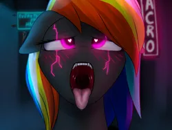 Size: 2000x1500 | Tagged: safe, artist:skanim-sdw, derpibooru import, oc, oc:darky wings, unofficial characters only, pony, ahegao, blushing, cyberpunk, fangs, female, floppy ears, glowing eyes, heart eyes, image, looking up, maw, mawshot, neon, neon sign, open mouth, png, teeth, tongue out, wingding eyes