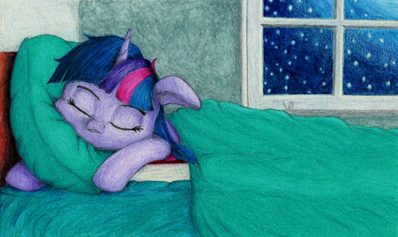 Size: 1920x1143 | Tagged: safe, artist:myzanil, derpibooru import, twilight sparkle, pony, unicorn, bed, book, colored pencil drawing, cute, eyes closed, image, jpeg, messy mane, night, pillow, sleeping, solo, stars, traditional art, window