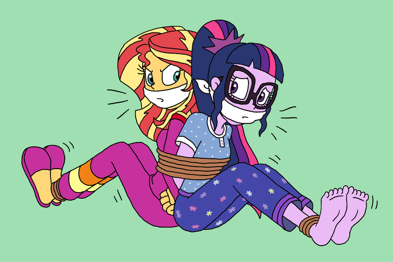 Size: 2500x1667 | Tagged: safe, artist:bugssonicx, derpibooru import, sci-twi, sunset shimmer, twilight sparkle, equestria girls, back to back, barefoot, bondage, bound and gagged, cloth gag, clothes, damsel in distress, feet, female, gag, image, lesbian, pajamas, png, scitwishimmer, shipping, sunsetsparkle, tied up