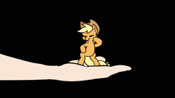 Size: 560x315 | Tagged: safe, artist:doublewbrothers, derpibooru import, applejack, earth pony, pony, animated, applejack's hat, bipedal, black background, cowboy hat, cute, dancing, eyes closed, freckles, gif, hand, hat, image, jackabetes, loop, offscreen character, simple background, solo focus, tiny, tiny ponies