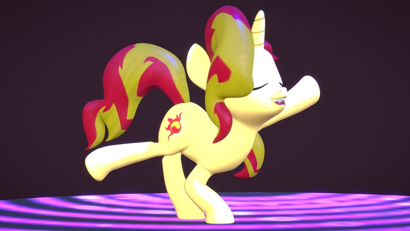Size: 3820x2160 | Tagged: safe, artist:wissle, derpibooru import, sunset shimmer, pony, unicorn, 3d, atg 2021, blender, dancing, do the sparkle, female, high res, image, jpeg, mare, newbie artist training grounds, open mouth, simple background, solo
