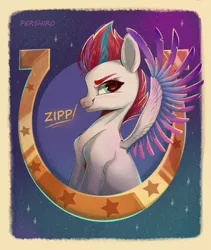 Size: 2928x3462 | Tagged: safe, artist:harellysad, derpibooru import, zipp storm, pegasus, pony, abstract background, feather, female, g5, high res, horseshoes, image, jpeg, looking at you, mare, smiling, solo, spread wings, stars, text, wings