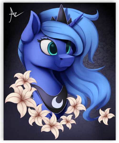 Size: 1280x1536 | Tagged: safe, artist:ac-whiteraven, derpibooru import, princess luna, pony, bust, crown, female, flower, image, jewelry, jpeg, mare, portrait, regalia, solo