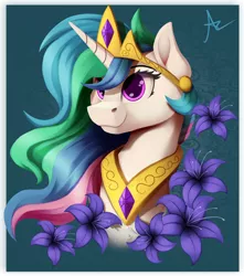 Size: 1280x1448 | Tagged: safe, artist:ac-whiteraven, derpibooru import, princess celestia, pony, bust, crown, female, flower, image, jewelry, jpeg, mare, portrait, regalia, solo