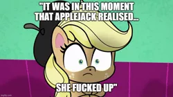 Size: 888x499 | Tagged: safe, derpibooru import, edit, edited screencap, editor:ichiban-iceychan1517, screencap, applejack, earth pony, pony, how applejack got her hat back, my little pony: pony life, spoiler:pony life s01e04, beret, caption, derpibooru exclusive, female, hat, image, image macro, imgflip, it was at this moment that she knew she fucked up, jpeg, mare, meme, shocked, solo, text, vulgar