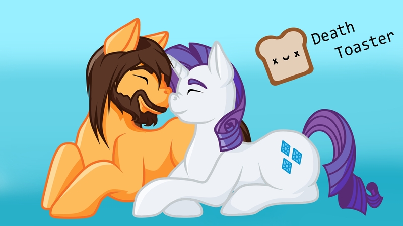 Size: 2400x1348 | Tagged: safe, derpibooru import, oc, pony, unicorn, beard, commission, couple, facial hair, image, jpeg, kissing, ych result, your character here