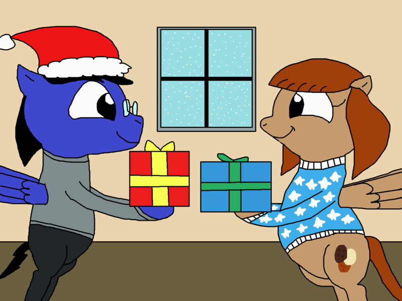 Size: 1500x1125 | Tagged: safe, artist:blazewing, derpibooru import, oc, oc:blazewing, oc:pecan sandy, unofficial characters only, pegasus, pony, atg 2021, bipedal, christmas, christmas sweater, chubby, clothes, drawpile, female, glasses, hat, holiday, image, male, mare, newbie artist training grounds, oc couple, pants, png, present, santa hat, smiling, snow, spread wings, stallion, sweater, window, wings