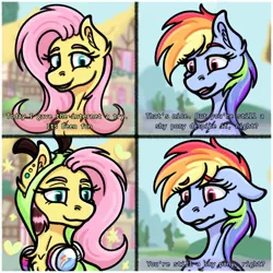 Size: 2000x2000 | Tagged: safe, artist:phazerarts, derpibooru import, fluttershy, rainbow dash, pegasus, pony, antonymph, clothes, comic, dialogue, headphones, hoodie, image, jpeg, meme, smiling