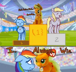 Size: 2000x1900 | Tagged: safe, artist:dummyhorse, derpibooru import, applejack, rainbow dash, oc, earth pony, pegasus, pony, comic, dialogue, floppy ears, image, jpeg, medal, plushie, podium, unamused, wat