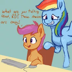 Size: 2000x2000 | Tagged: safe, artist:dummyhorse, derpibooru import, rainbow dash, scootaloo, pegasus, pony, computer, dialogue, grin, image, jpeg, jumpscare, prank, scary maze game, screamer, smiling, this will end in property damage, this will end in tears