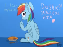 Size: 2000x1500 | Tagged: safe, artist:skylairo, derpibooru import, rainbow dash, pegasus, pony, caught, cute, cutie mark, dashabetes, dialogue, female, food, hair, image, knife, mane, mare, pie, png, question, sitting, solo, spoon, surprised, tail, watermark, wings, worried