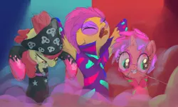 Size: 2000x1200 | Tagged: safe, artist:mandumustbasukanemen, derpibooru import, apple bloom, scootaloo, sweetie belle, the show stoppers, atg 2021, clothes, costume, cutie mark crusaders, dancing, fog, image, jpeg, newbie artist training grounds, screaming, stage, trio