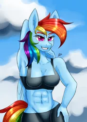 Size: 1000x1400 | Tagged: suggestive, alternate version, artist:zachc, derpibooru import, rainbow dash, anthro, pegasus, abs, arm behind head, breasts, cleavage, clothes, cloud, female, hand on hip, image, png, shorts, sky, smiling, solo, sports bra, sports shorts