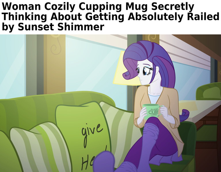 Size: 2560x2000 | Tagged: questionable, artist:cybersquirrel, derpibooru import, rarity, equestria girls, cardigan, clothes, coffee shop, couch, cushion, equestria girls-ified, image, implied lesbian, implied shipping, implied sunsarity, leg warmers, leggings, mug, png, solo, stocking feet, text