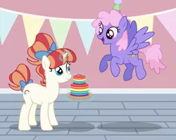 Size: 6134x4908 | Tagged: safe, artist:thatusualguy06, derpibooru import, rainbow stars, rainbowshine, pegasus, pony, unicorn, absurd resolution, atg 2021, background pony, birthday, cake, duo, duo female, eye shimmer, female, flying, food, hat, image, magic, magic aura, newbie artist training grounds, open mouth, open smile, party hat, png, rainbow cake, ribbon, smiling