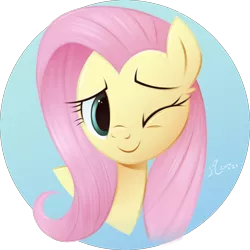 Size: 3200x3200 | Tagged: safe, artist:flutterstormreturns, derpibooru import, fluttershy, pegasus, blue background, cute, image, one eye closed, png, simple background, solo, transparent background, wink