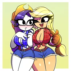 Size: 1200x1212 | Tagged: suggestive, artist:nelljoestar, derpibooru import, applejack, rarity, equestria girls, :o, accessory swap, applejack's hat, belly button, big breasts, blushing, breasts, busty applejack, busty rarity, cleavage, clothes, cowboy hat, female, front knot midriff, gloves, hand on waist, hat, image, jpeg, lesbian, midriff, one eye closed, open mouth, open smile, rarijack, shipping, shorts, smiling, thumbs up, wink