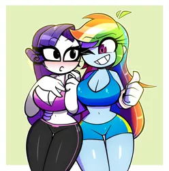 Size: 1200x1212 | Tagged: suggestive, alternate version, artist:nelljoestar, derpibooru import, rainbow dash, rarity, equestria girls, :o, belly button, big breasts, blushing, breasts, busty rainbow dash, busty rarity, cleavage, clothes, female, grin, hand on waist, image, jpeg, lesbian, midriff, one eye closed, open mouth, pants, raridash, shipping, shorts, smiling, sports bra, sports shorts, thumbs up, wink, yoga pants