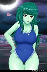 Size: 1055x1605 | Tagged: suggestive, alternate version, artist:clouddg, derpibooru import, wallflower blush, equestria girls, belly button, big breasts, breasts, busty wallflower blush, cameltoe, cleavage, clothes, erect nipples, gloves, image, long gloves, looking at you, nipple outline, one-piece swimsuit, png, smiling, smiling at you, swimsuit