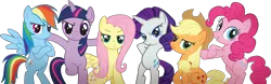 Size: 1452x451 | Tagged: dead source, safe, derpibooru import, applejack, fluttershy, pinkie pie, rainbow dash, rarity, twilight sparkle, earth pony, pegasus, pony, unicorn, 2011, bipedal, bridlemaids, crossed arms, female, image, looking at you, mane six, mare, png, simple background, transparent background, unicorn twilight