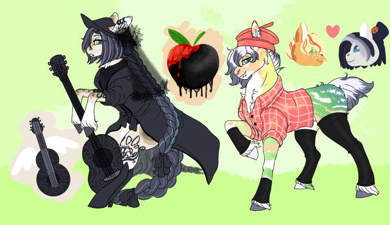 Size: 1280x740 | Tagged: safe, artist:malinraf1615, derpibooru import, applejack, derek (pony life), oc, oc:gothic country, oc:midnight ballad, earth pony, pony, my little pony: pony life, beret, boots, brother and sister, clothes, coat, cowboy boots, cowboy hat, derekjack, ear piercing, earring, female, flannel, guitar, hat, heart, image, jewelry, lip piercing, male, mare, markings, musical instrument, nose piercing, nose ring, offspring, parent:applejack, parent:derek (pony life), piercing, png, raised hoof, shipping, shoes, siblings, socks, stallion, stockings, straight, sweater, tattoo, thigh highs, trans male, transgender, tree trunk, unshorn fetlocks, veil