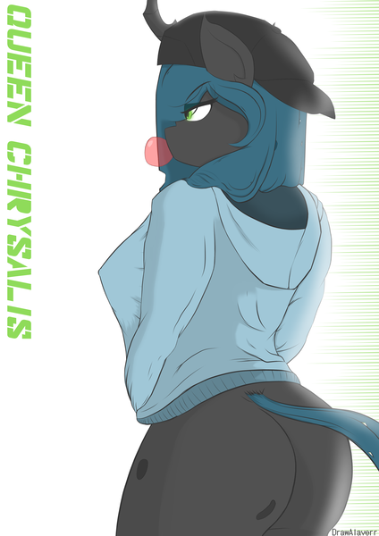 Size: 2480x3507 | Tagged: suggestive, artist:drawalaverr, derpibooru import, queen chrysalis, anthro, changeling, ass, baseball cap, big breasts, bottomless, breasts, bubblegum, butt, cap, clothes, female, food, gum, hands in pockets, hat, image, jacket, large butt, partial nudity, png, serious, serious face, simple background, solo, spots, the ass was fat, white background