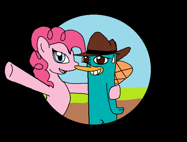Size: 652x496 | Tagged: safe, artist:grovylefangirl1997, derpibooru import, pinkie pie, friendshipping, image, iris out, perry the platypus, phineas and ferb, png, sweat, sweatdrop