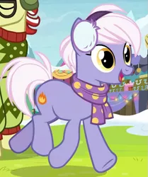 Size: 597x714 | Tagged: safe, derpibooru import, screencap, burning passion, flam, earth pony, pony, best gift ever, clothes, cropped, earmuffs, female, image, mare, open mouth, png, scarf, smiling, snow, solo focus
