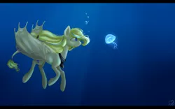 Size: 3098x1936 | Tagged: safe, artist:alicjaspring, derpibooru import, oc, unofficial characters only, bat pony, jellyfish, pony, bat wings, blue eyes, bubble, clothes, crepuscular rays, female, flowing mane, flowing tail, folded wings, image, jpeg, ocean, scarf, signature, smiling, solo, sunlight, swimming, tail, underwater, water, wings, yellow mane