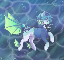 Size: 1071x994 | Tagged: safe, artist:scarletsfeed, derpibooru import, oc, unofficial characters only, pony, blue mane, blushing, bubble, clothes, crepuscular rays, ear fluff, eyes closed, fins, image, ocean, png, signature, smiling, solo, sunlight, swimming, underwater, water