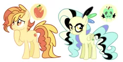 Size: 2645x1353 | Tagged: safe, artist:maiii-san, derpibooru import, oc, unofficial characters only, earth pony, pegasus, pony, apple, duo, earth pony oc, eyeliner, food, image, makeup, pegasus oc, png, simple background, thinking, white background, wings