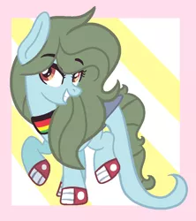 Size: 712x803 | Tagged: safe, artist:maiii-san, derpibooru import, oc, oc:rosetta spectress, unofficial characters only, earth pony, pony, abstract background, clothes, earth pony oc, eyelashes, grin, image, png, shoes, smiling, wings
