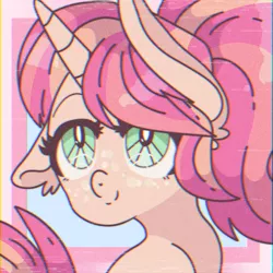 Size: 4000x4000 | Tagged: safe, artist:maiii-san, derpibooru import, oc, unofficial characters only, pony, unicorn, abstract background, bust, eyelashes, floppy ears, horn, image, png, smiling, solo, unicorn oc