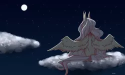 Size: 5000x3000 | Tagged: safe, artist:auss1, derpibooru import, fluttershy, pegasus, pony, cloud, female, full moon, image, mare, moon, night, on a cloud, outdoors, png, signature, sitting, sitting on cloud, solo, spread wings, stars, wings