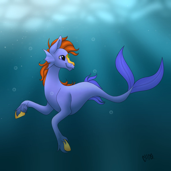 Size: 828x828 | Tagged: safe, artist:ittybittybiters, derpibooru import, oc, unofficial characters only, merpony, seapony (g4), blue tail, bubble, crepuscular rays, digital art, dorsal fin, fish tail, flowing tail, image, jpeg, ocean, orange mane, purple eyes, signature, smiling, solo, sunlight, swimming, tail, underwater, unshorn fetlocks, water