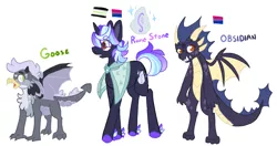 Size: 1600x845 | Tagged: safe, artist:l00giedoogie, derpibooru import, oc, oc:goose, oc:obsidian, oc:rune stone, unofficial characters only, dragon, gryphon, pony, unicorn, image, interspecies offspring, magical lesbian spawn, male, offspring, parent:gabby, parent:garble, parent:princess ember, parent:spike, parent:starlight glimmer, parent:trixie, parents:emble, parents:spabby, parents:startrix, png, stallion