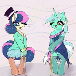 Size: 1275x1284 | Tagged: safe, artist:llametsul, derpibooru import, bon bon, lyra heartstrings, sweetie drops, earth pony, pony, unicorn, atg 2021, chest fluff, clothes, couple, cute, dress, ear fluff, female, hat, image, lesbian, lyrabon, mare, newbie artist training grounds, one eye closed, open mouth, panties, png, shipping, skirt, smiling, socks, sparkles, standing, stockings, thigh highs, top hat, underwear, wink