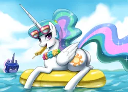 Size: 1500x1078 | Tagged: safe, artist:johnjoseco, derpibooru import, princess celestia, princess luna, alicorn, pony, alternate hairstyle, butt, female, flower, food, ice cream, image, inflatable toy, mouth hold, ocean, png, popsicle, royal sisters, siblings, sisters, summer, sunbutt
