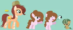 Size: 1023x427 | Tagged: safe, artist:somecoconut, derpibooru import, oc, earth pony, pony, baby, baby pony, base used, earth pony oc, eyelashes, female, filly, green background, hat, image, mare, png, raised hoof, simple background, smiling