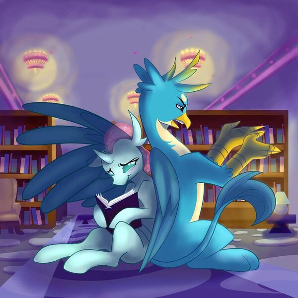 Size: 1080x1080 | Tagged: safe, artist:prie_per, derpibooru import, gallus, ocellus, changedling, changeling, gryphon, back to back, blushing, book, female, image, jpeg, library, luslus, male, reading, shipping, straight